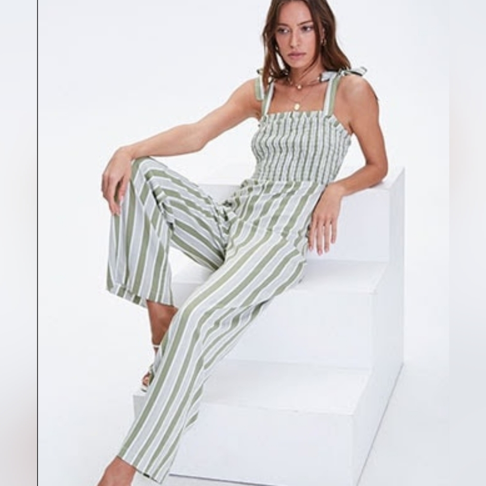 Sage cream striped jumpsuit